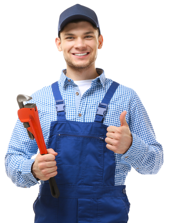 Smiling plumber in blue overalls and cap holding a wrench, giving a thumbs-up.