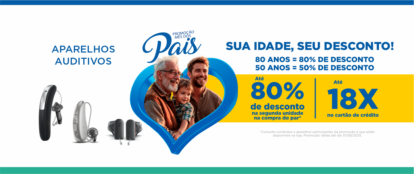 Anúncio de aparelhos auditivos oferecendo descontos. Inclui uma família e as palavras 