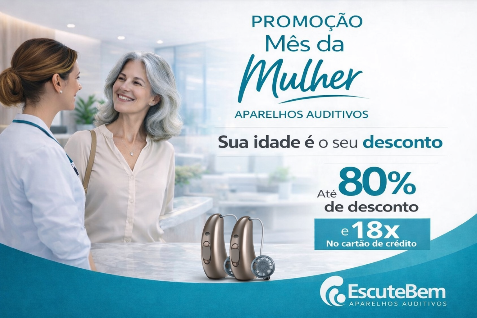 Banner promocional de Verão: Praia no fundo e aparelhos auditivos, descontos de até 50% e parcelamento em 18 vezes no cartão de crédito.