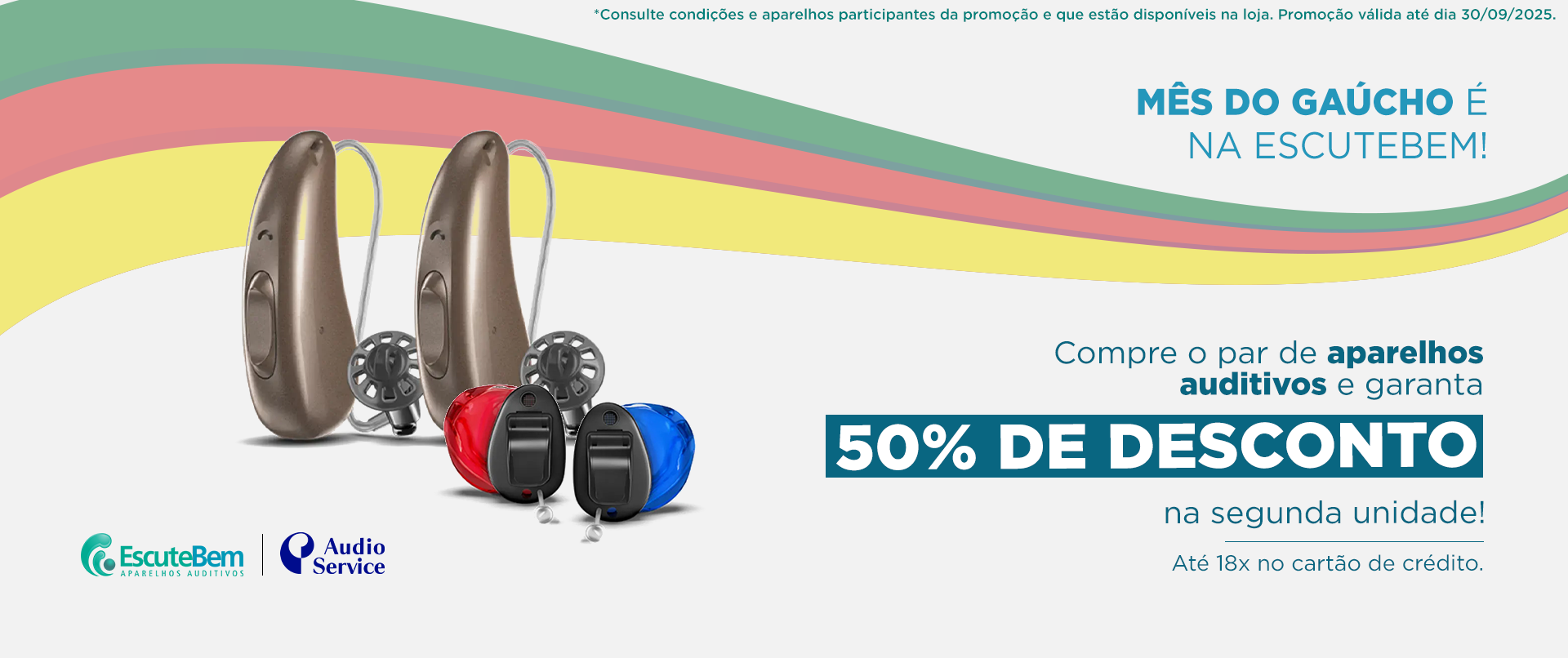 Anúncio de aparelhos auditivos com 50% de desconto. Apresenta aparelhos auditivos com o texto 