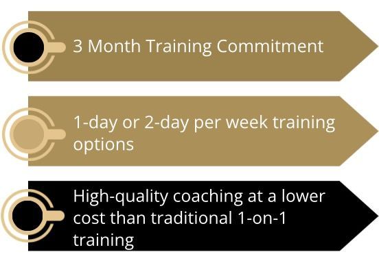 Three gold-colored arrows with text: 3-month commitment, 1-2 day training options, and lower-cost, high-quality coaching.