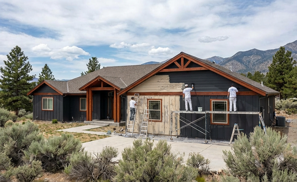A person wearing a hard hat and high-visibility vest stands on a ladder, using a roller to paint a white wall.