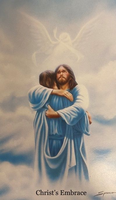 A painting of jesus hugging a woman with the caption christ 's embrace