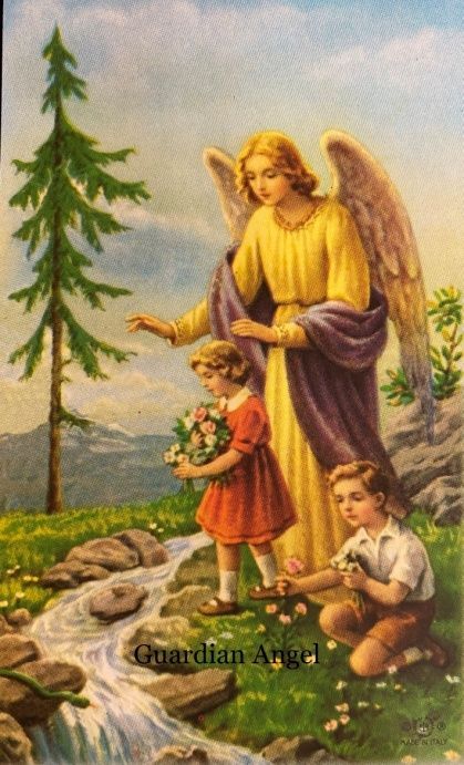 A painting of an angel standing next to two children.