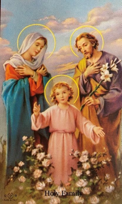 A painting of the holy family surrounded by flowers