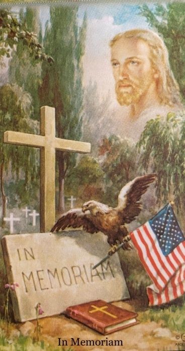 A painting of jesus with a cross and an american flag