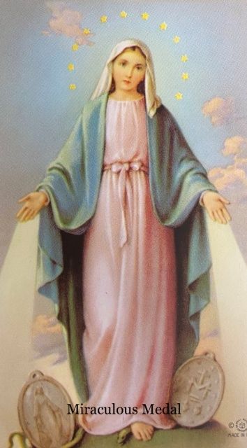 A painting of the virgin mary with the words miraculous medal below her