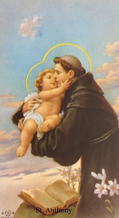 A painting of st. anthony holding a baby
