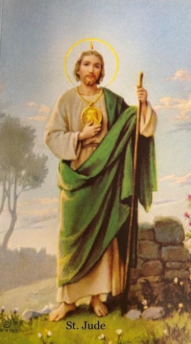 A painting of a man in a green robe holding a cane.