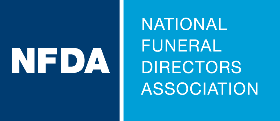 The logo for the national funeral directors association is blue and white.