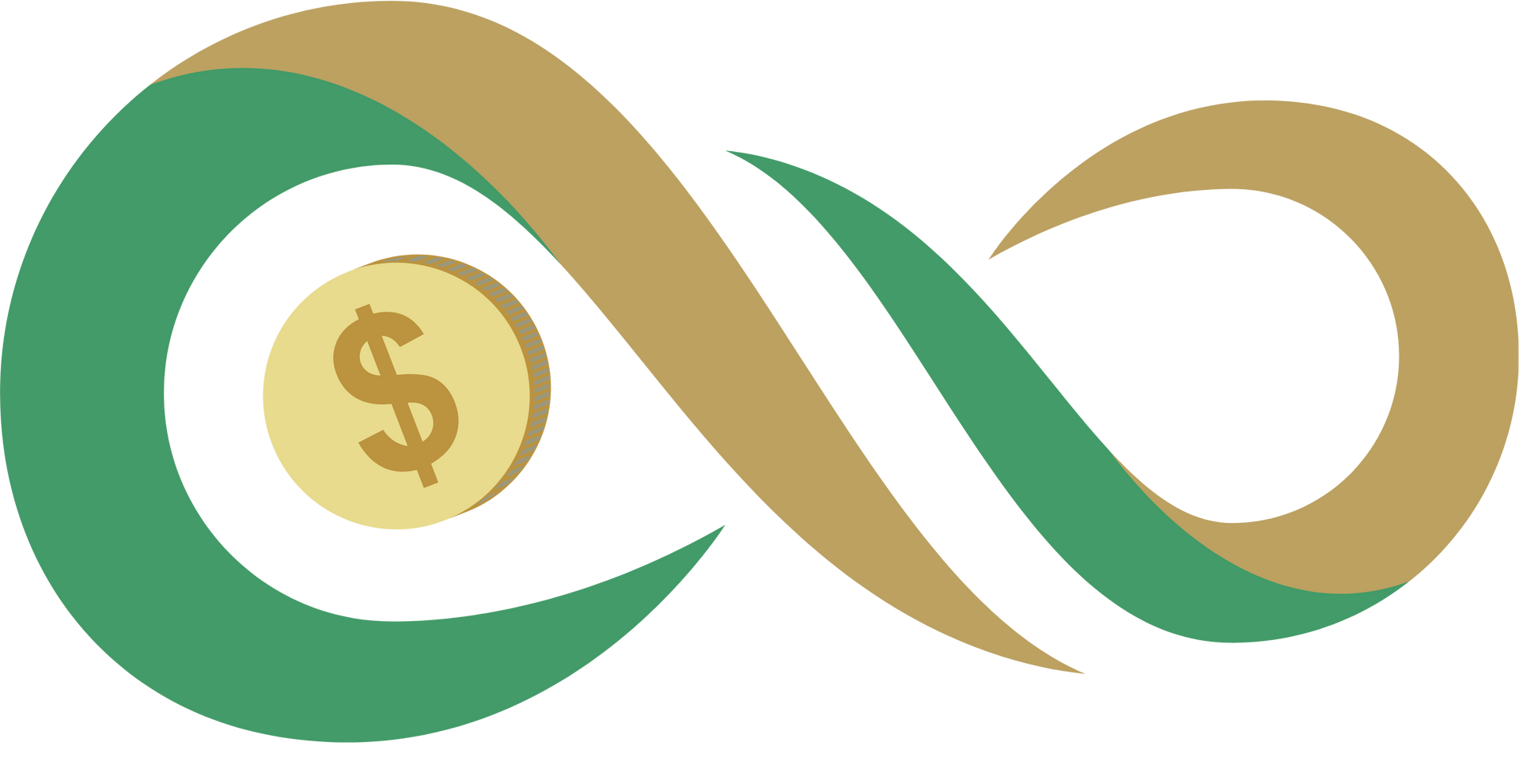 A green and gold infinity symbol with a dollar sign in the middle.