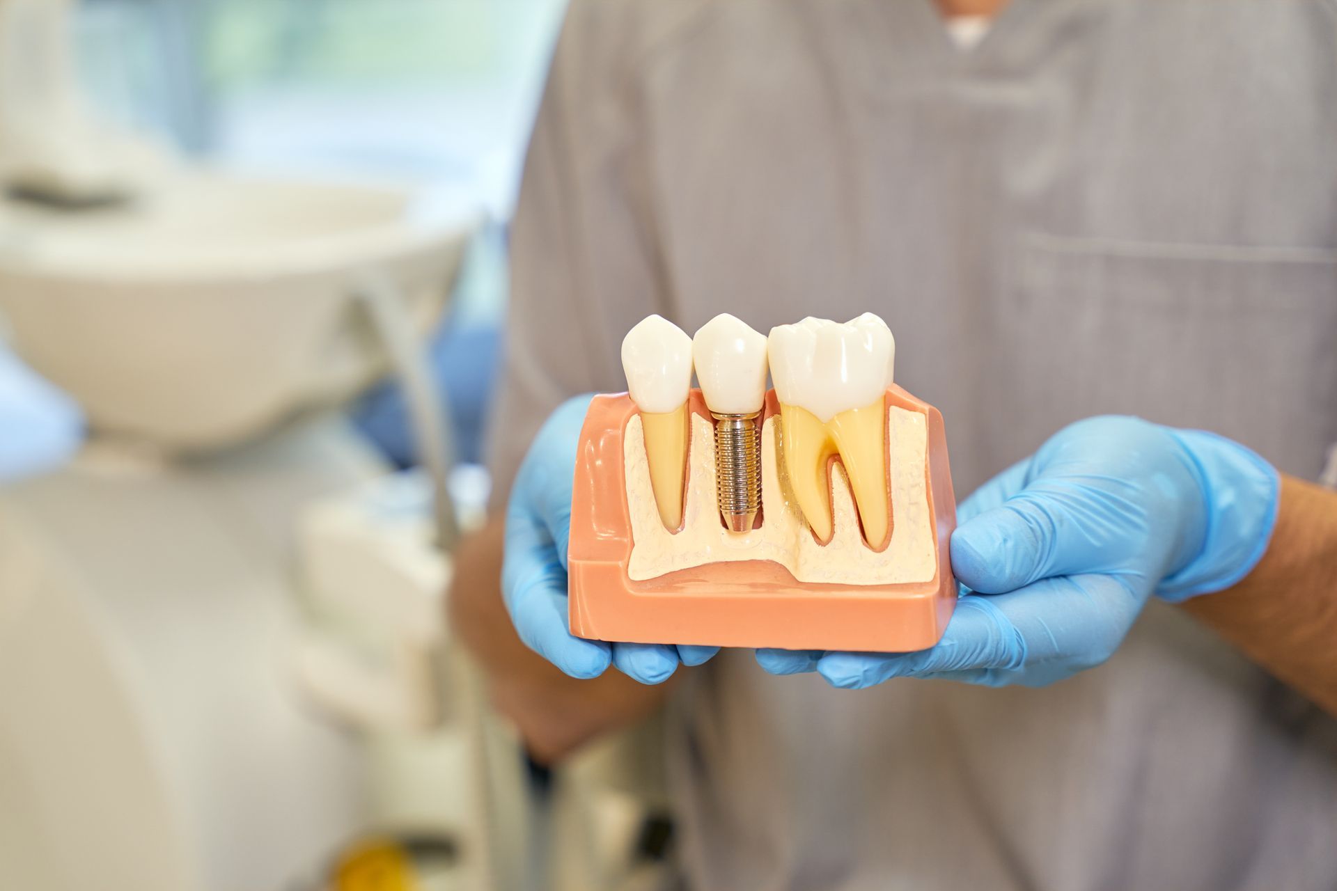 Dentist in gloves holding a model of teeth with a dental implant, in a dental office.