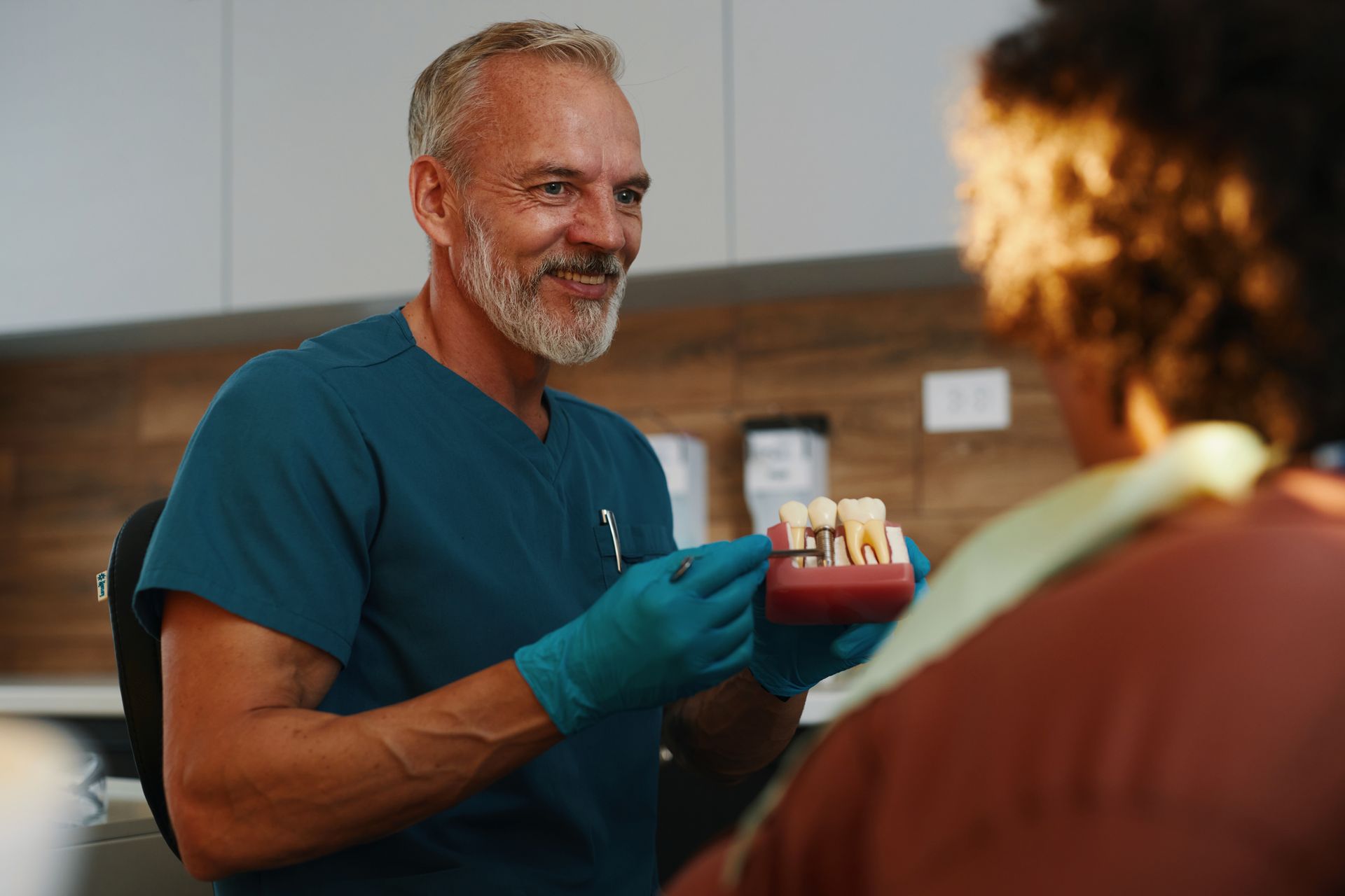 Dentist showing dental model to patient in office.