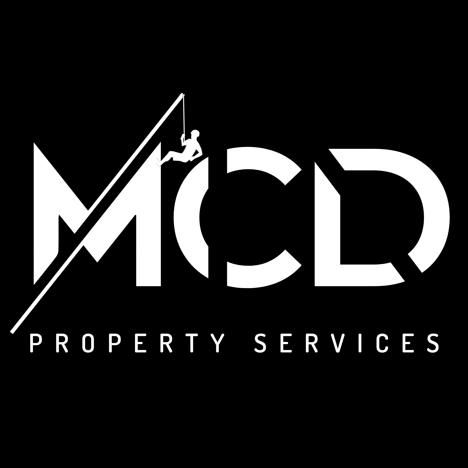 White logo on black: MCD Property Services with a climber on the 