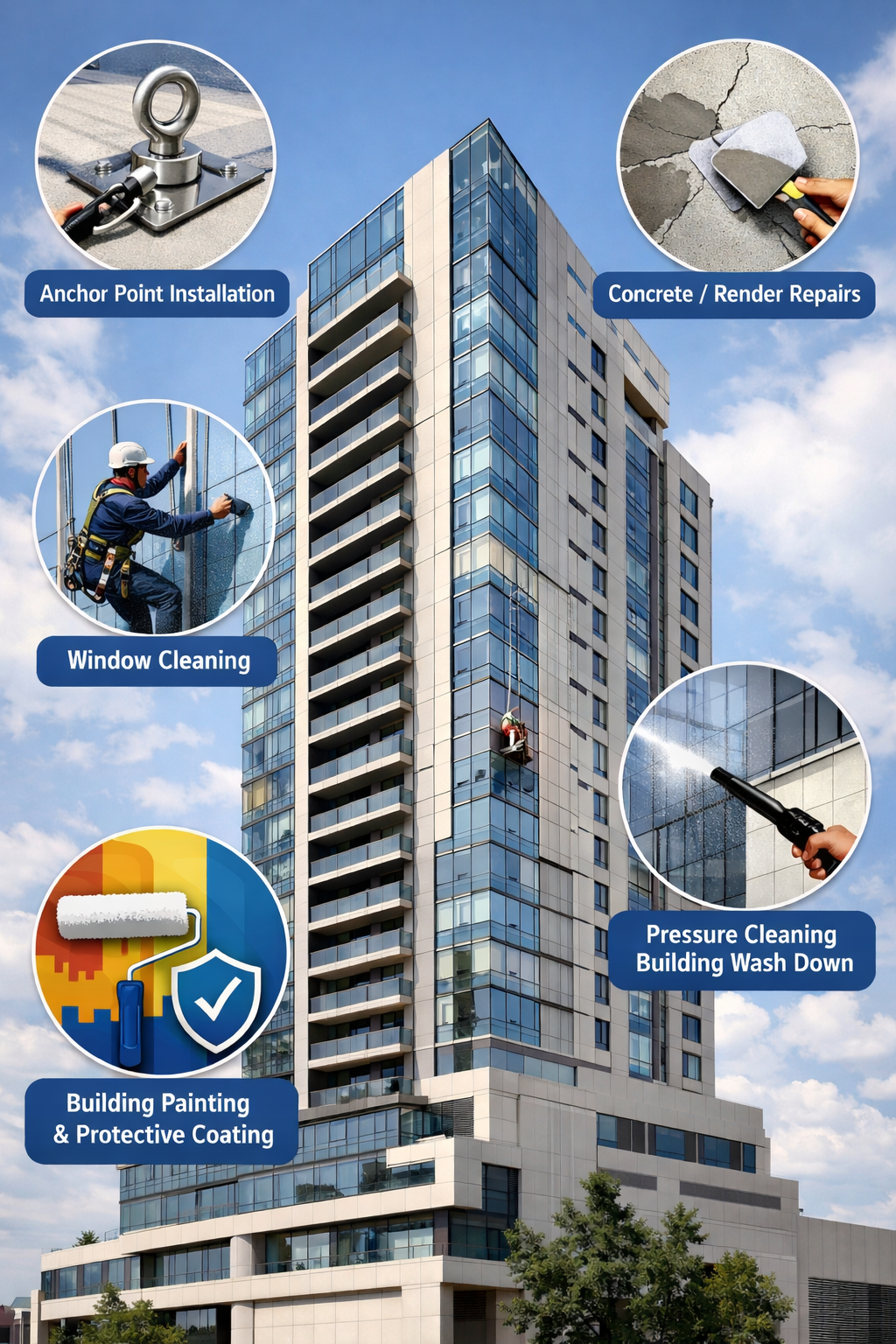 High-rise building with images showing rope access services