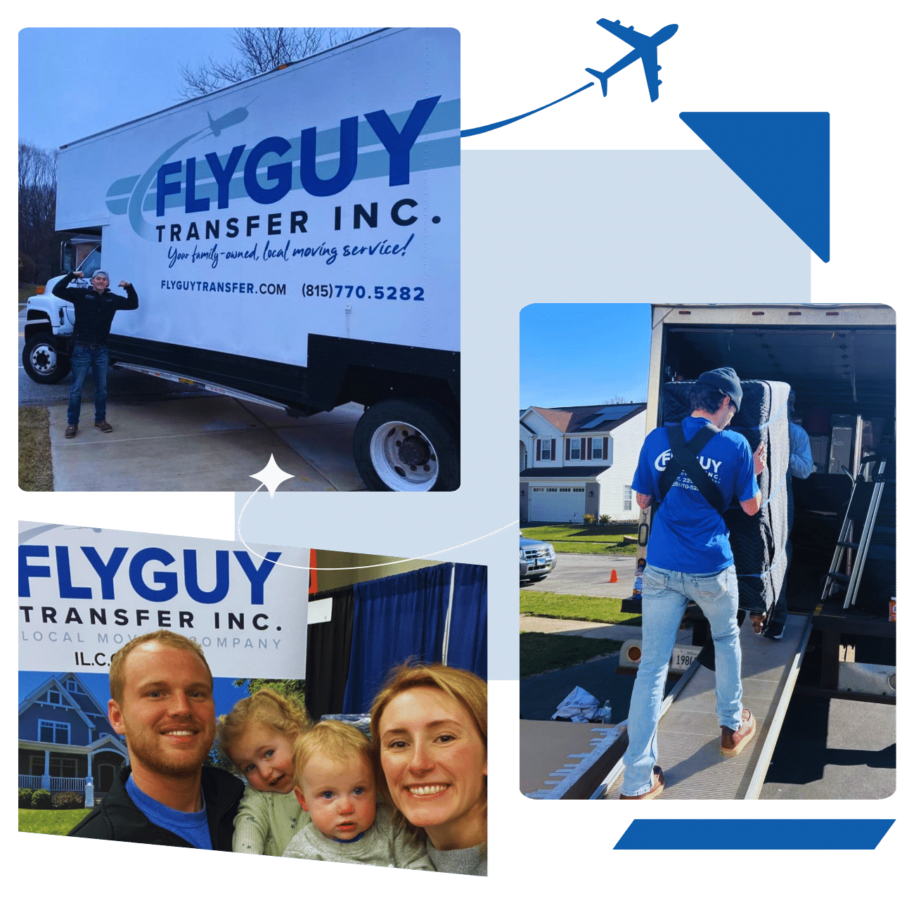 A collage of pictures of people and a truck that says flyguy transfer inc.