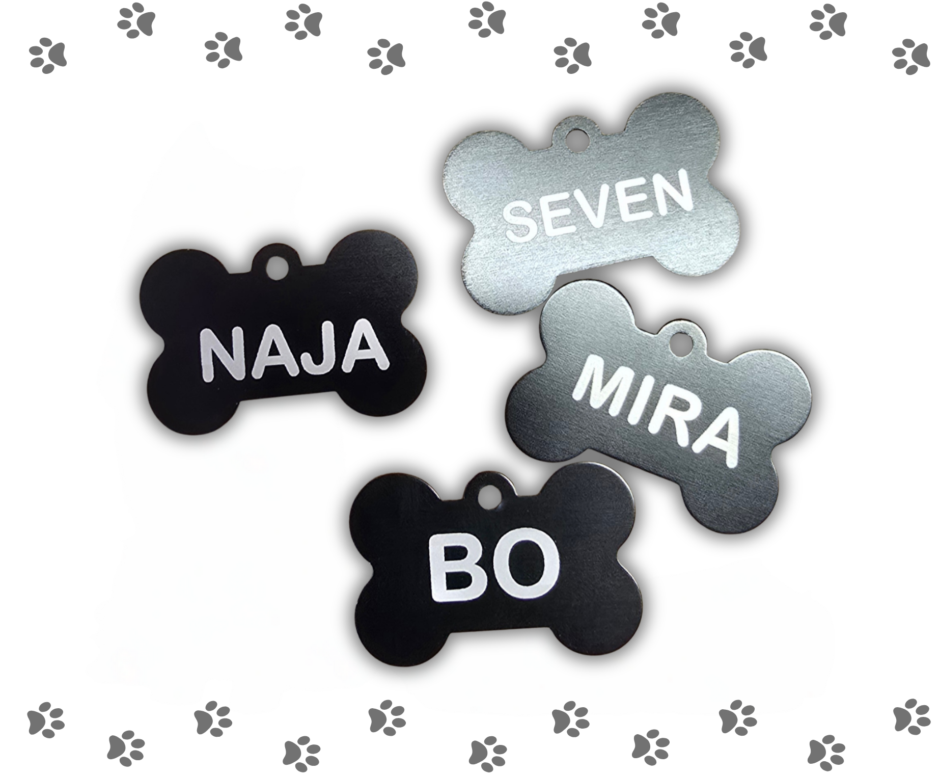 Dog bone-shaped pet tags with names 