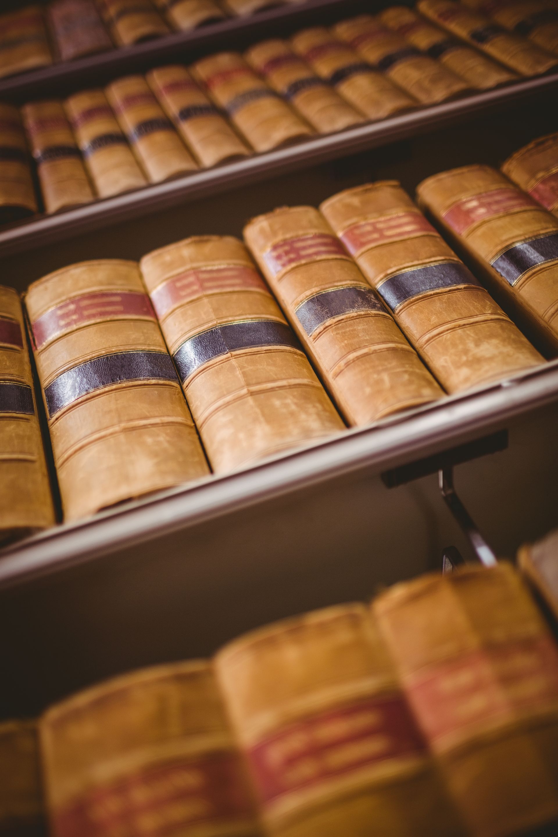 Rows of old leather-bound books in a library shelf, with warm brown and red spines.