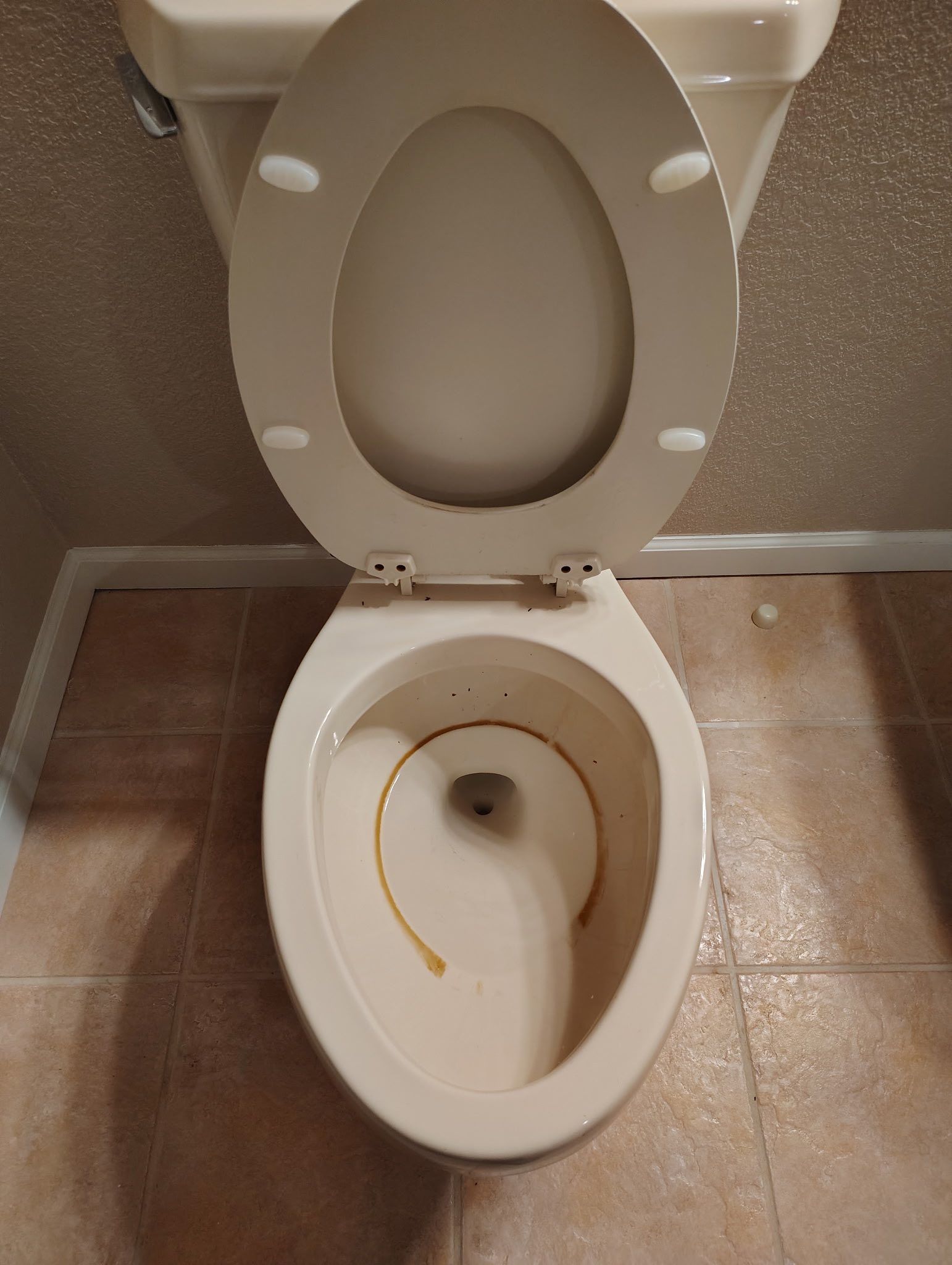Open toilet with yellow-stained bowl and seat up, viewed from above, on tiled floor.