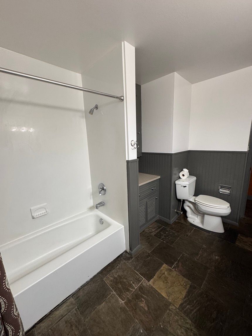 Bathroom with white bathtub, toilet, and dark stone floor. Walls are white and gray.