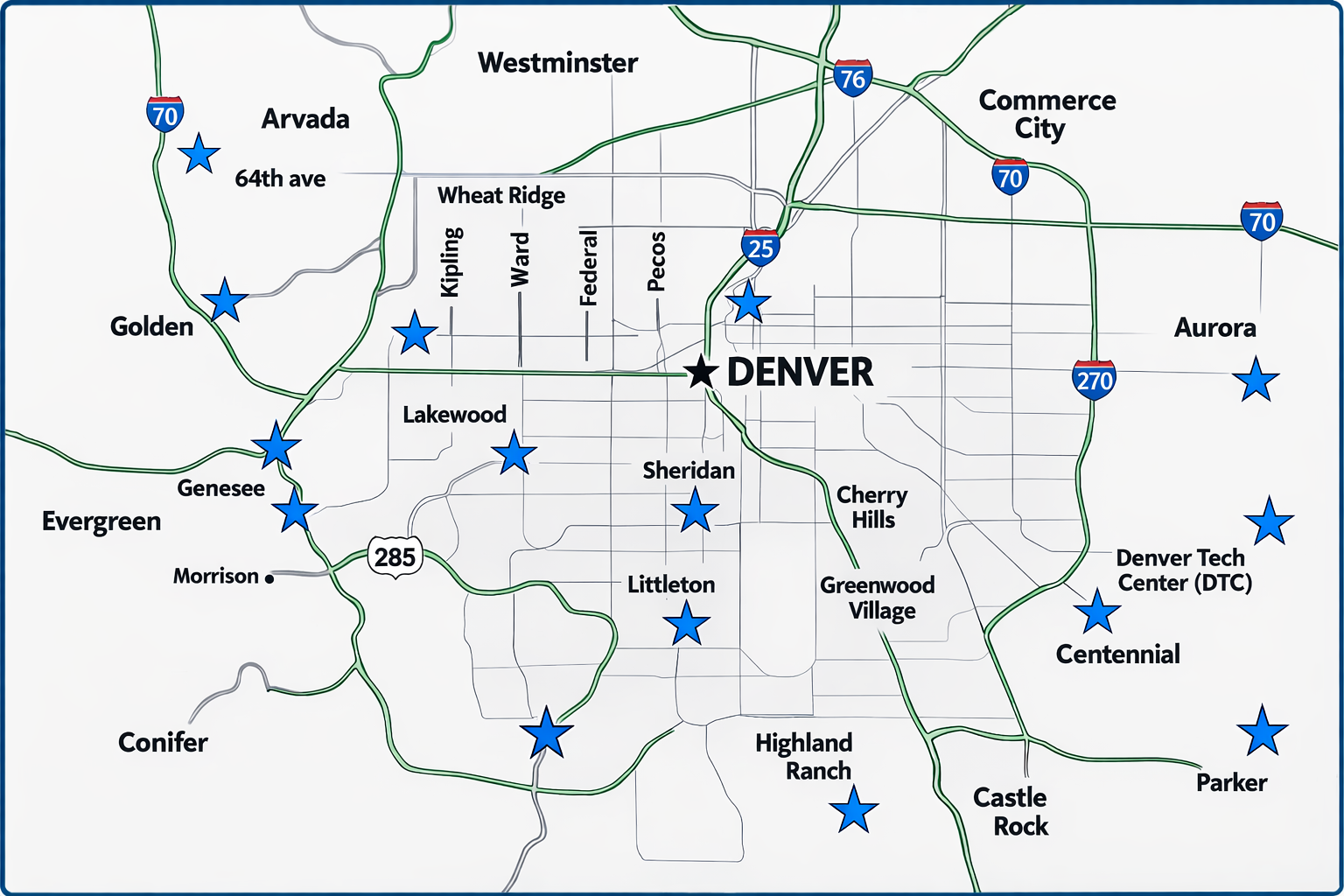 A map of Denver and the surrounding areas.