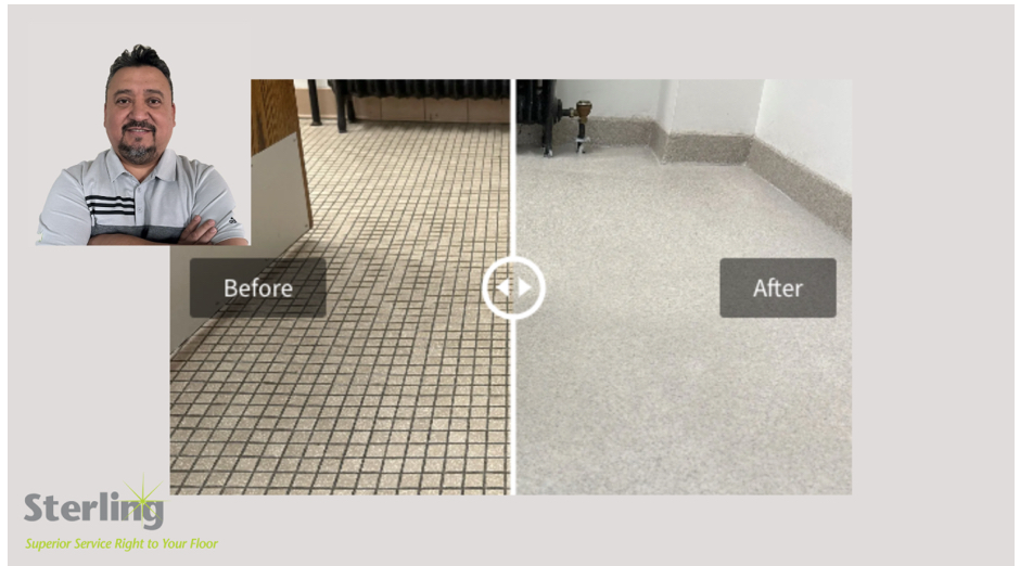 Before and after of flooring transformation; man in corner.