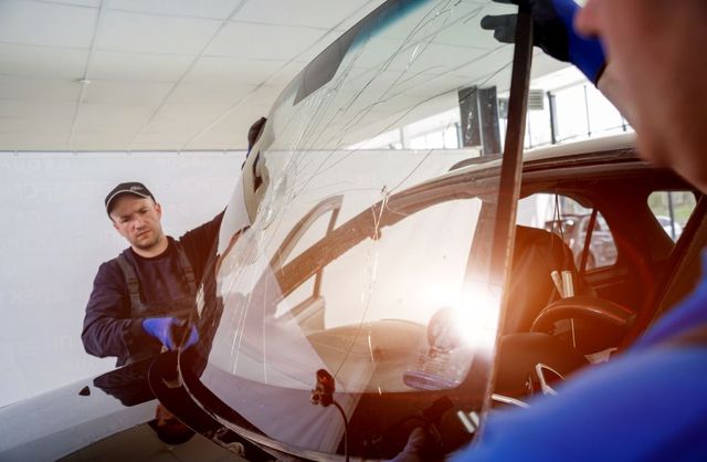 A man is installing a windshield on a car.