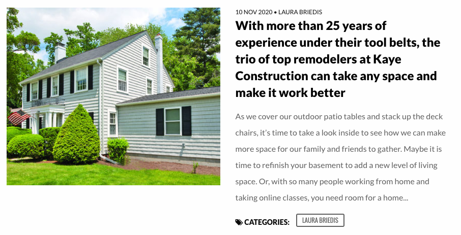 A house with a gray siding, and text promoting Kaye Construction, a remodeling company.