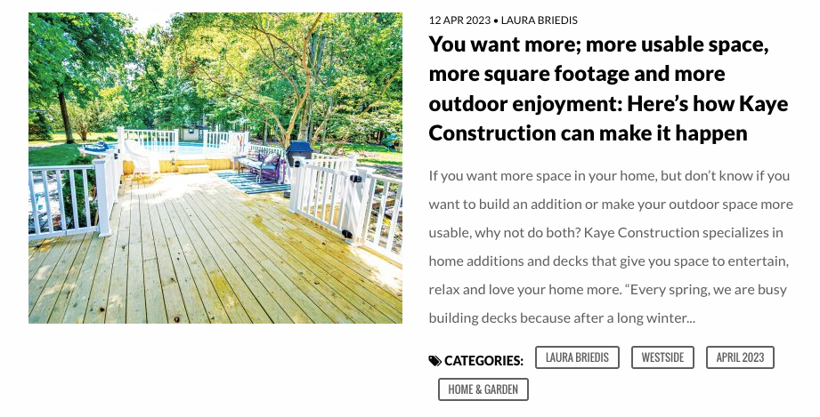 Wooden deck construction with text overlay, including advertisement for Kaye Construction.