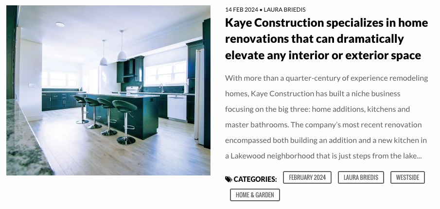 A modern kitchen with a dark green island and stools, text: Kaye Construction specializes in home renovations.