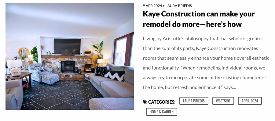 Living room interior with a fireplace and text about home remodeling.