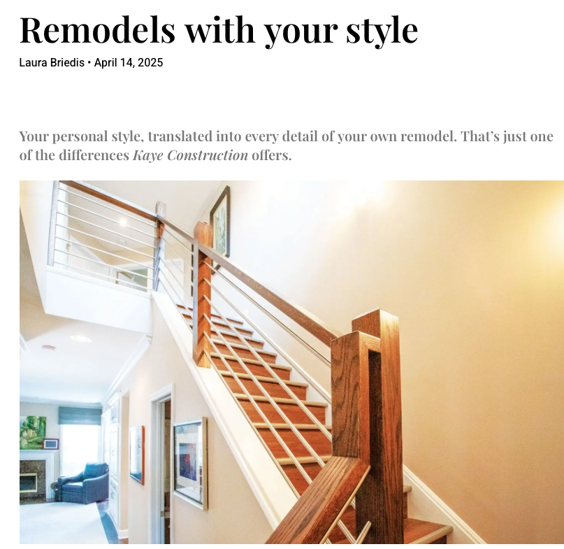 Staircase remodel with wooden steps, modern railing, and beige walls. Text: 