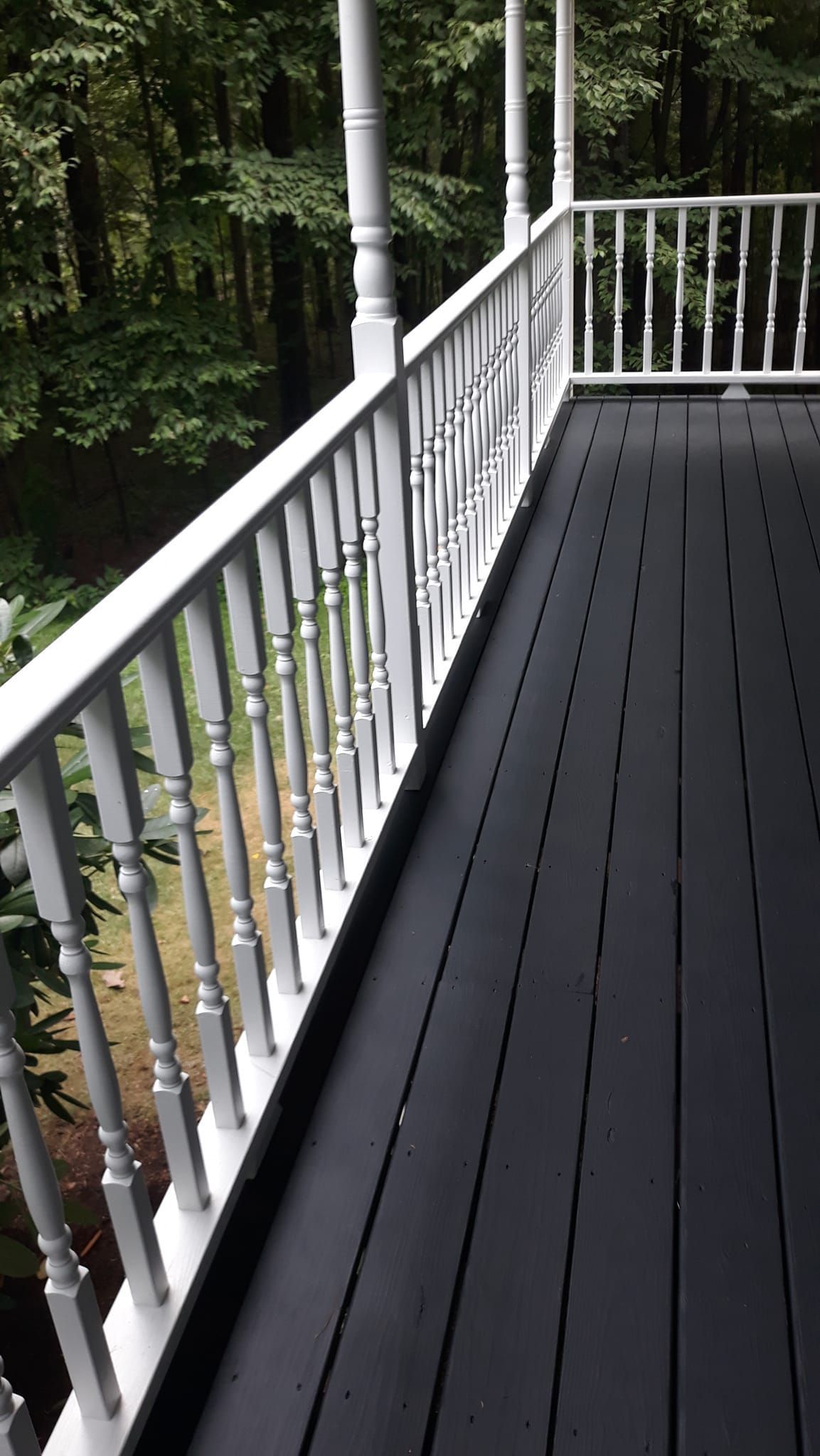 White railing on a dark wooden deck with forest in background.