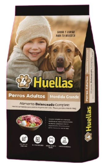 Bolsa de comida para perros con un niño abrazando a un perro. Texto: Huellas. 