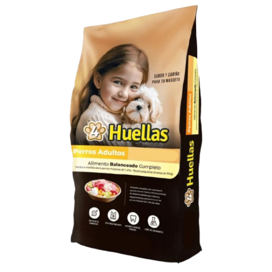 Bolsa de comida para perros con una niña abrazando a un perro blanco.