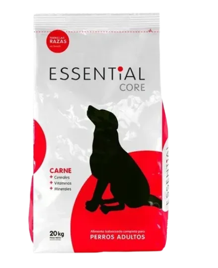 Bolsa de comida para perros Essential Core con una silueta negra de un perro sobre un fondo rojo.