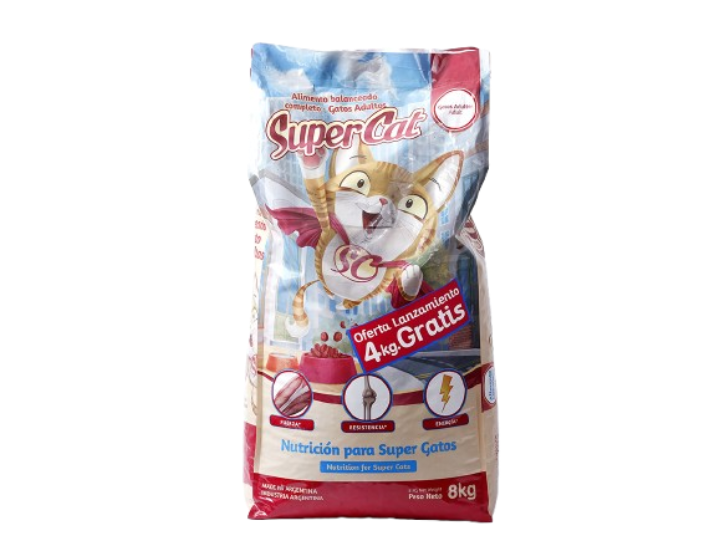 Bolsa de comida seca para gatos Super Cat con un superhéroe gato de dibujos animados y el texto 