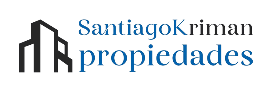 Logotipo para SantiagoKriman propiedades, que presenta un ícono de rascacielos y texto.