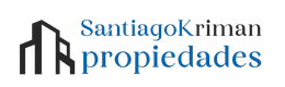 Logotipo para SantiagoKriman propiedades, que presenta un ícono de rascacielos y texto.