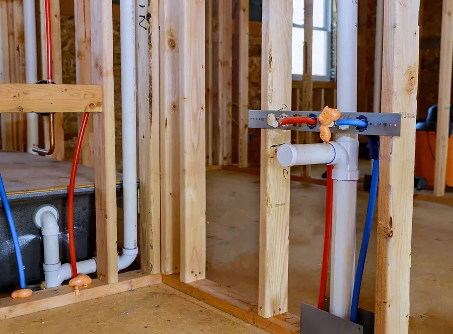 A room in a house under construction with pipes and wires.