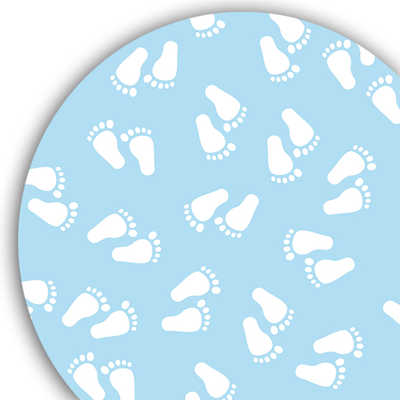 Blue background with white baby footprints, corner of a circular design.