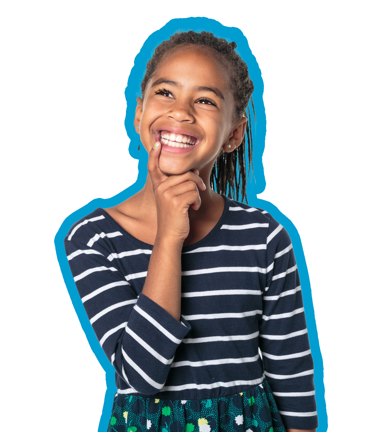 Smiling Black girl looking up, finger to chin, wearing striped shirt. Smiling Black girl looking up, finger to chin, wearing striped shirt.