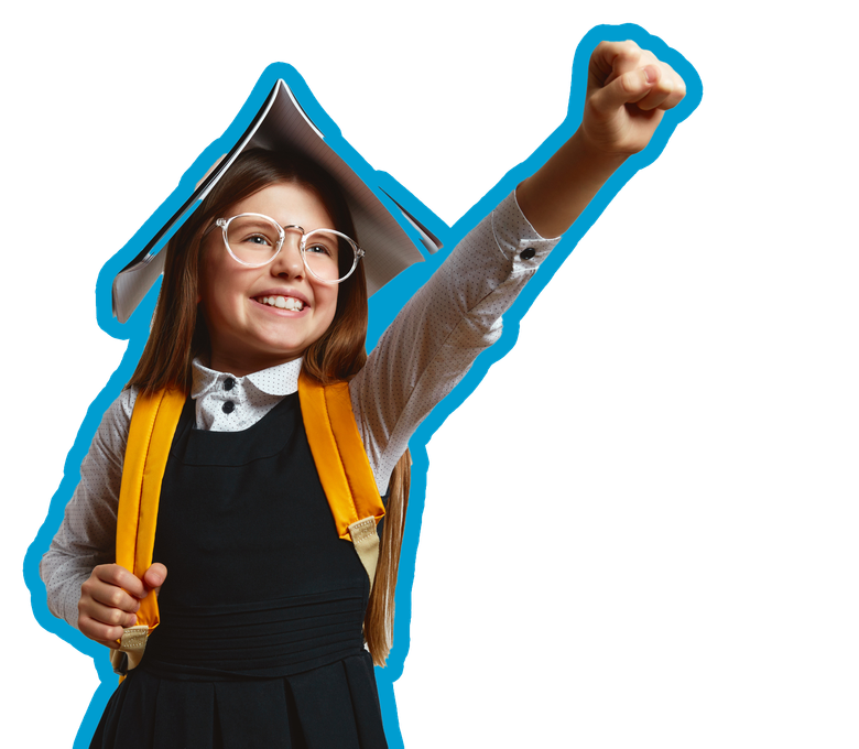 Girl in school uniform with glasses, a book on her head, fist raised, smiling with a backpack.
