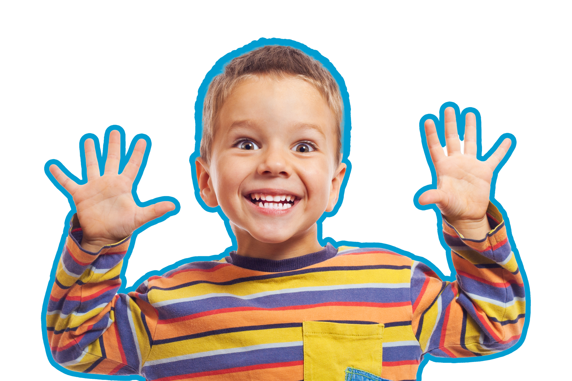 Happy boy with arms raised, wearing a striped shirt, smiling widely. Happy boy with arms raised, wearing a striped shirt, smiling widely.