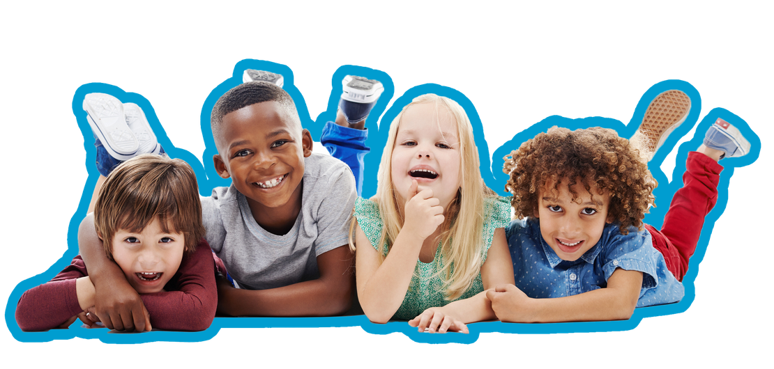 Four diverse children smiling and lying on their stomachs. Blue outline.