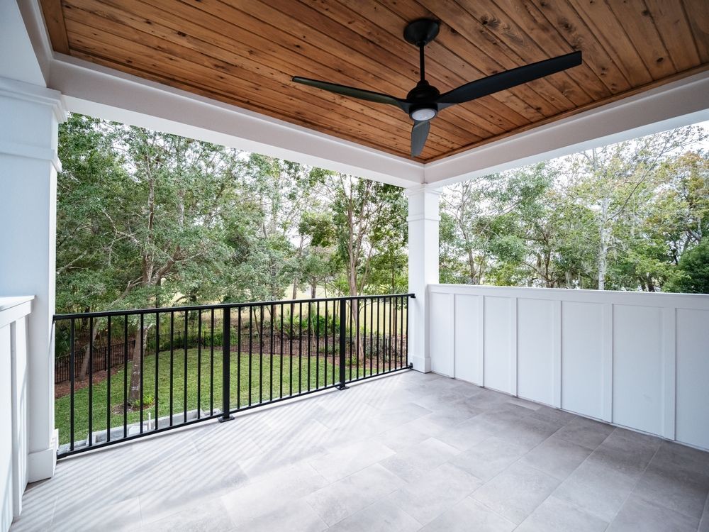 Covered Porch With Wood Ceiling, Black Fan, Gray Floor — 1 Time Waterproofing In Tweed Heads, NSW