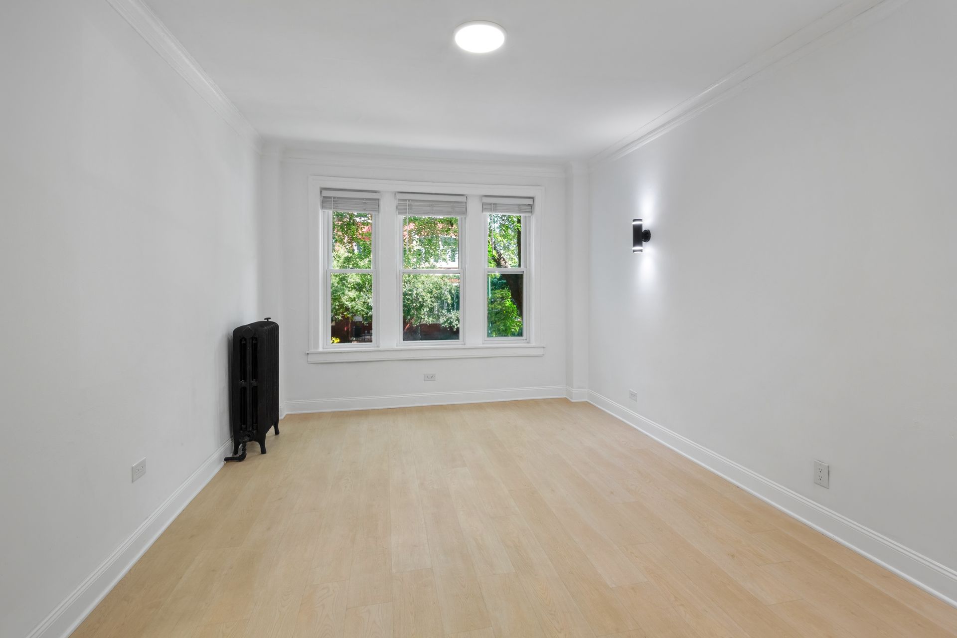 Empty room with light wooden floors, white walls, and a radiator. Windows offer a view of greenery.
