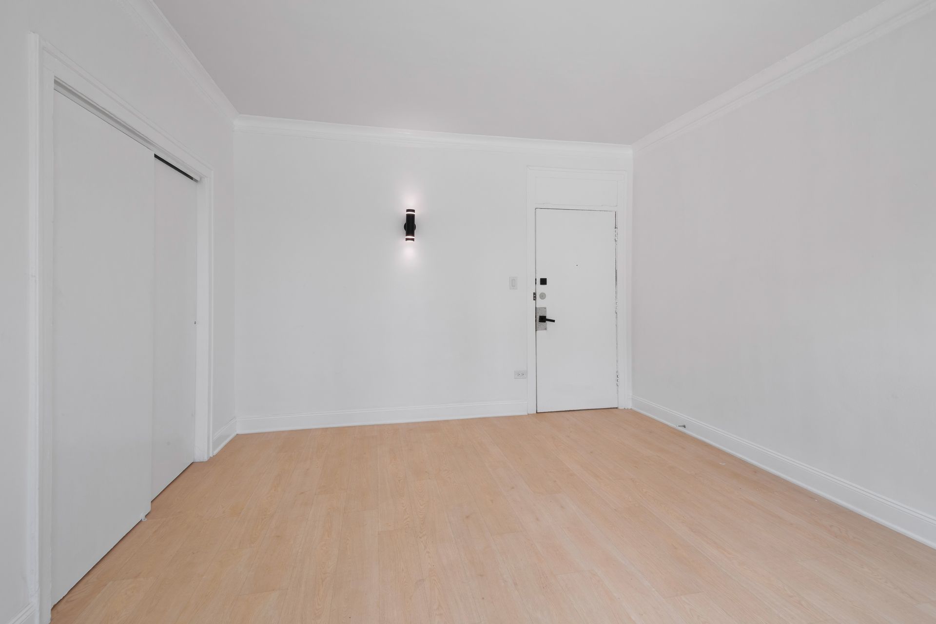 Empty, white room with hardwood floors; door and closet on walls.
