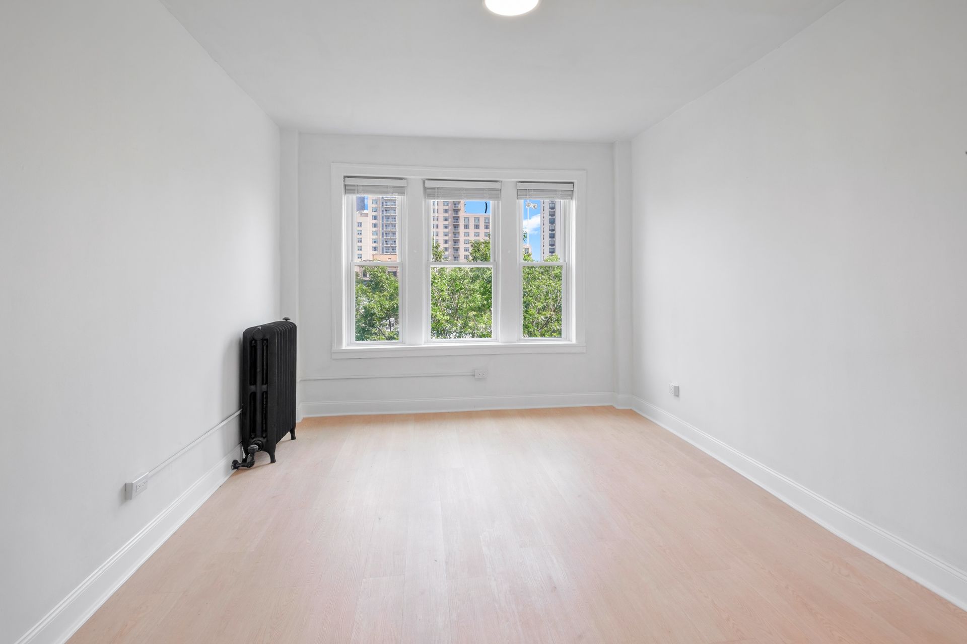 Empty room with white walls, wood floors, and a window with an outdoor view. Black radiator on the left.