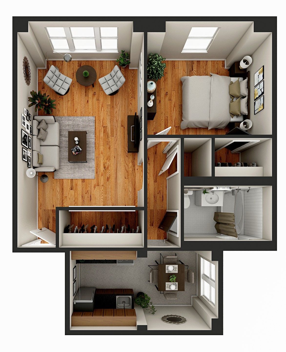Floor plan rendering of a small apartment with living area, bedroom, kitchen, dining area, and bathroom.